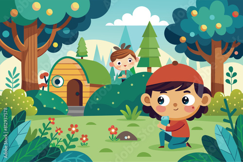 A boy and a girl play hide and seek amongst the trees in the woods  Hide and seek game Customizable Flat Illustration