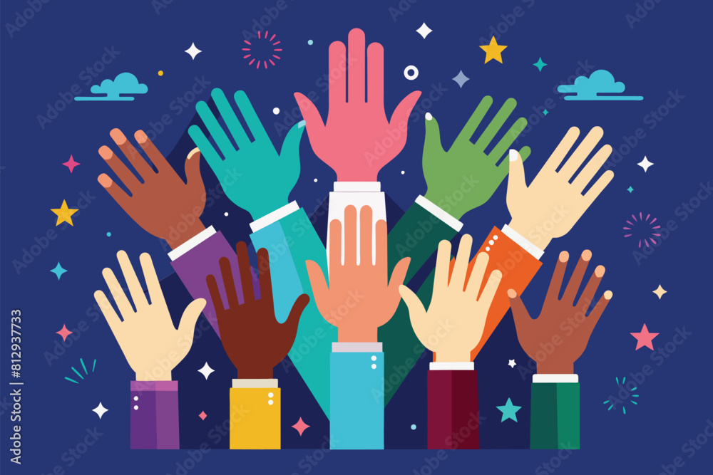 Several hands reaching upwards in the air, High five hands Customizable Flat Illustration