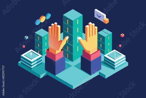 Two hands reaching towards each other in front of a city skyline backdrop  High five hands Customizable Isometric Illustration