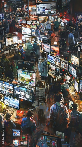 Capture the chaos of a crowded newsroom from a high angle
