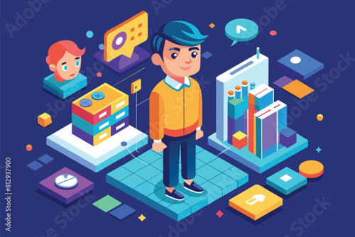 A man is standing in front of a computer screen, High self-esteem Customizable Isometric Illustration