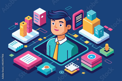A man in a tie standing in front of a computer screen, focused on his work, High self-esteem Customizable Isometric Illustration