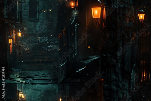 Capture the essence of mystery with a tilted angle view of a dimly lit alleyway, where shadows play hide-and-seek with flickering streetlights, in an Impressionistic style