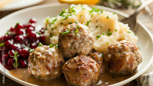 Traditional swedish meatballs in creamy gravy with fluffy mashed potatoes and tart lingonberry sauce, sprinkled with fresh parsley