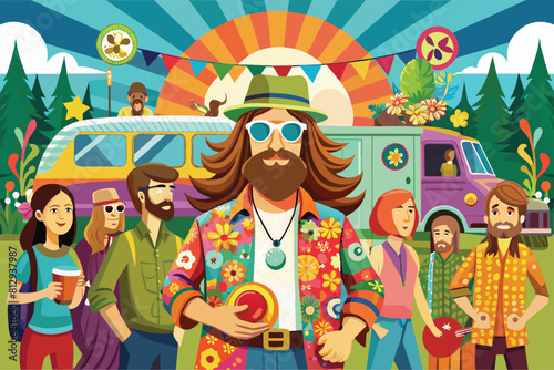 A diverse group of individuals gather around a van, chatting and socializing in a casual outdoor setting, Hippie party Customizable Disproportionate Illustration