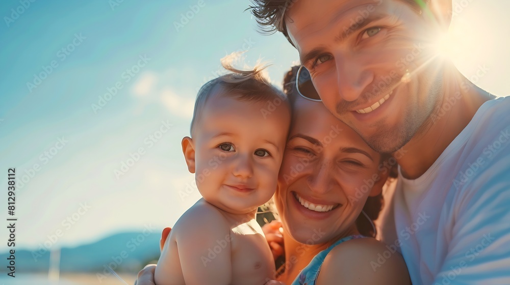 Fototapeta premium Photo of happy family looking at camera during summer vacation : Generative AI