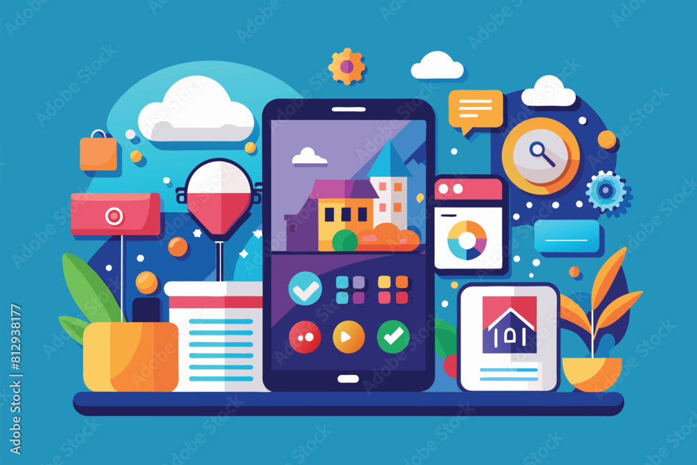A smartphone with various customizable icons surrounding it on the home screen, Home screen Customizable Disproportionate Illustration A smartphone with various customizable icons surrounding it on the home screen, Home screen Customizable Disproportionate Illustration