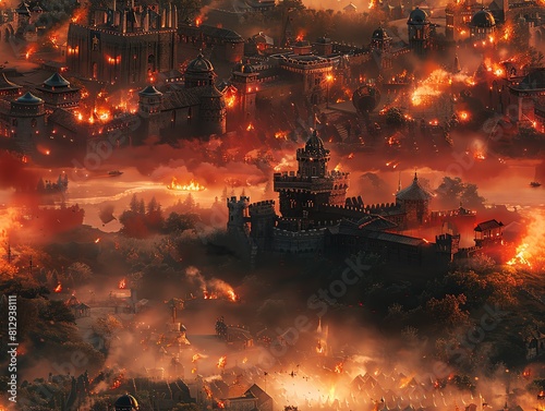 Capture the grandeur of a medieval battlefield in a sweeping aerial shot combined with hand-painted animation