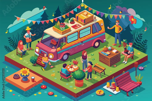 Illustration of a van surrounded by people at a hippie party, Hippie party Customizable Isometric Illustration