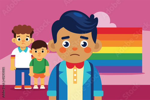 A man standing in front of a vibrant rainbow colored wall, featuring bright hues, Homophobic bullying Customizable Cartoon Illustration