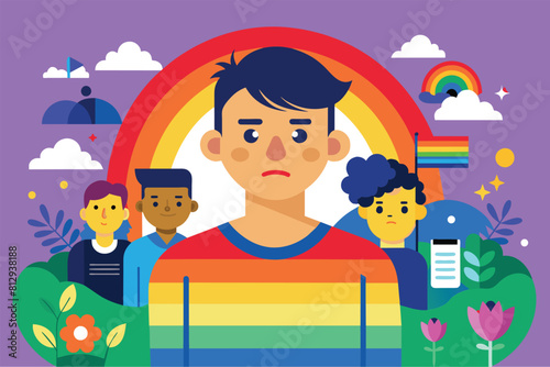 A man stands in front of a rainbow in a field, Homophobic bullying Customizable Disproportionate Illustration