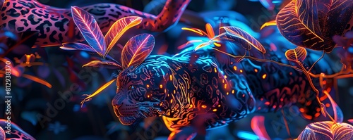 Capture the sleek, metallic limbs of a robotic Jaguar prowling through neon-tinted foliage at sunset in a CG 3D masterpiece photo