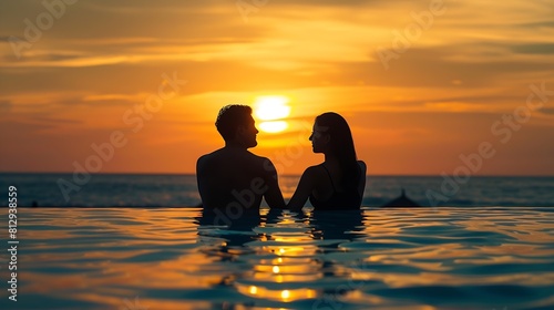 couple on the beach at sunset honeymoon travel man and woman sitting near swimming pool in hotel resort   Generative AI