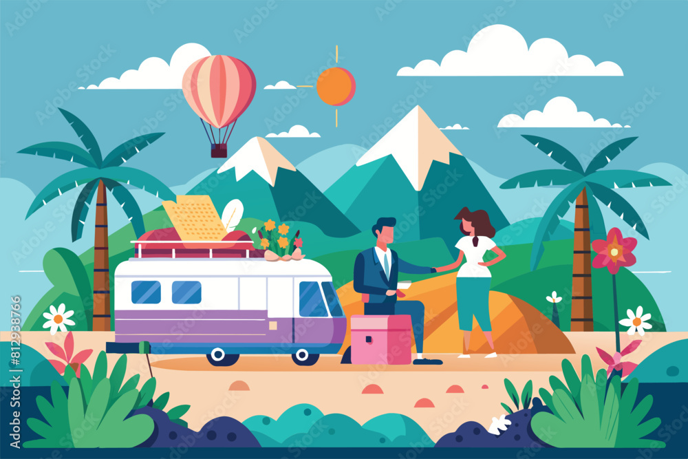 Obraz premium A man and a woman are camping in the mountains, surrounded by nature and enjoying the outdoors, Honeymoon Customizable Semi Flat Illustration