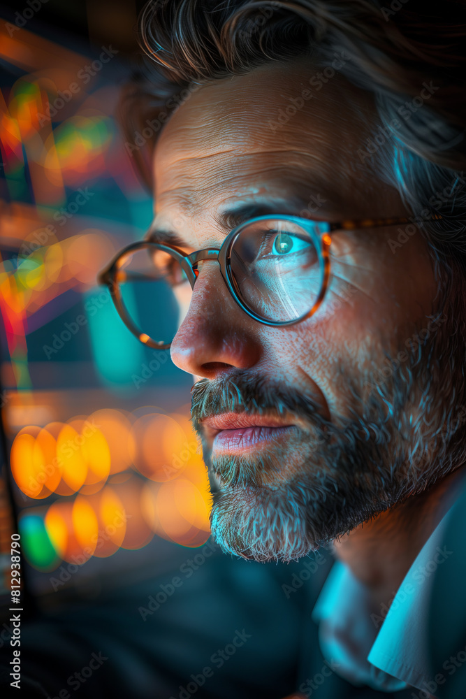 Caucasian male businessman looking at financial data on computer screen. Caucasian male businessman looking at financial data on computer screen.