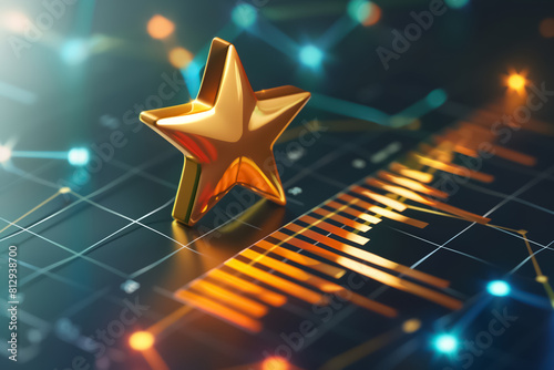 Concept illustration of a glowing golden star being placed atop a premium quality chart, showcasing ratings in a majestic, powerful style photo