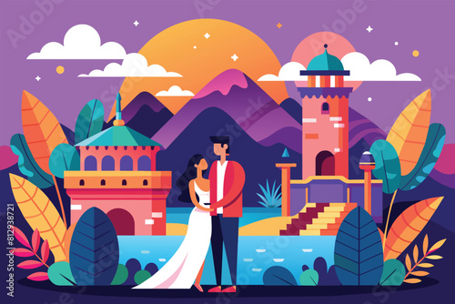A man and a woman standing in front of a majestic castle, looking towards the camera, Honeymoon Customizable Flat Illustration