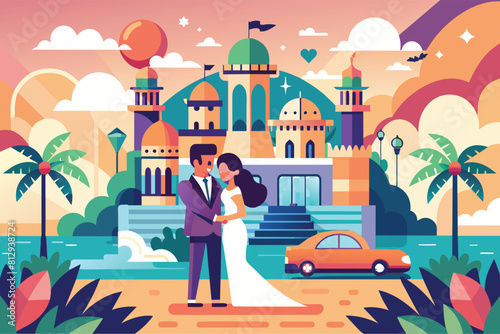 A man and woman are standing in front of a building in a customizable flat illustration, Honeymoon Customizable Flat Illustration