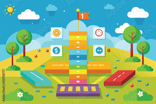 A tower of blocks stands tall in a colorful, open field, Hopscotch Customizable Flat Illustration