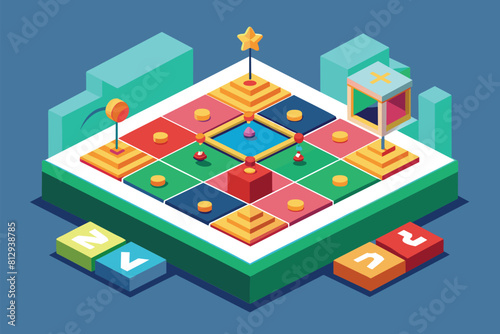 A game board made of colorful blocks with a star on top, representing a customizable hopscotch game, Hopscotch Customizable Isometric Illustration
