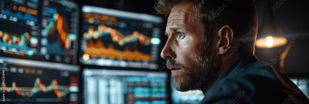 Caucasian male businessman looking at financial data on computer screen.