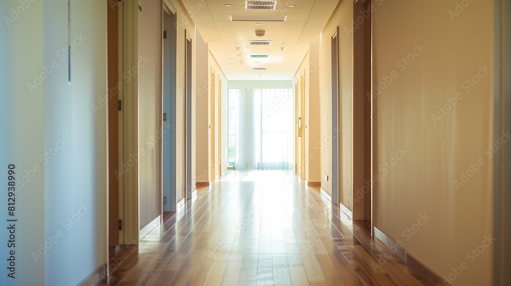 Fototapeta premium Corridor hallway and design architecture in home with empty space wooden floor and minimalist decoration Room apartment or hotel doorway with residential entrance building interior and : Generative AI