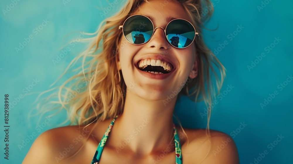 Young smiling blond model in summer swimwear colourful bathing suit Sexy carefree woman having fun and going crazy Female posing near blue wall in studio Cheerful and happy in sunglass : Generative AI Young smiling blond model in summer swimwear colourful bathing suit Sexy carefree woman having fun and going crazy Female posing near blue wall in studio Cheerful and happy in sunglass : Generative AI