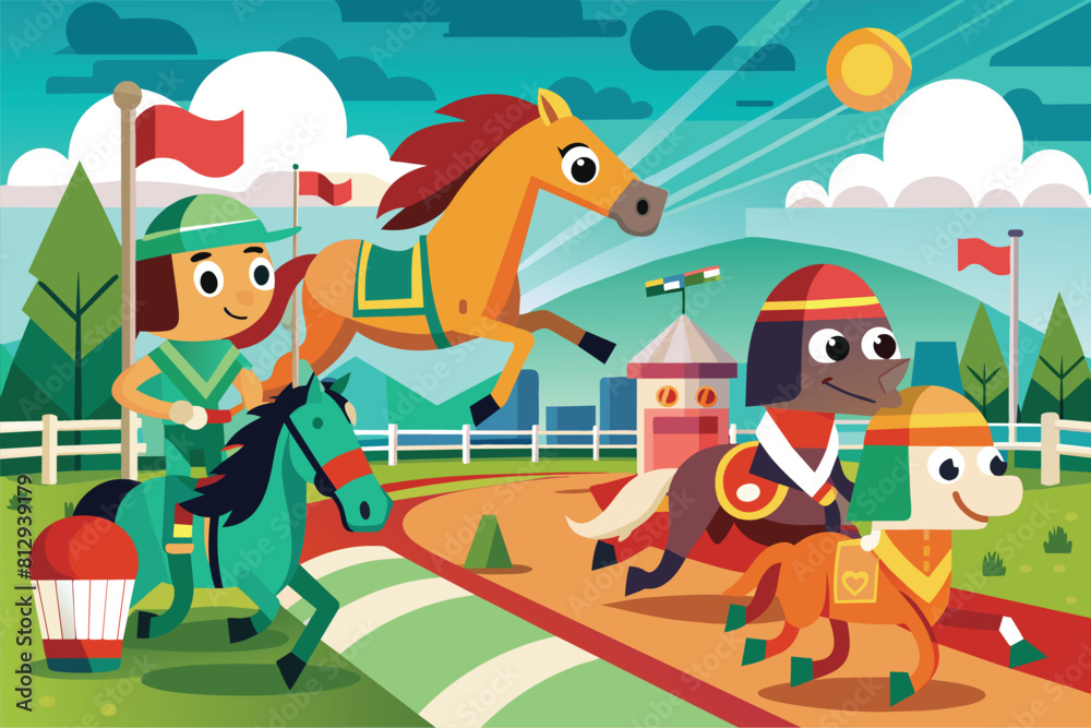 Fototapeta premium Various individuals riding on horseback in a group, engaged in a horse race event, Horse race Customizable Cartoon Illustration