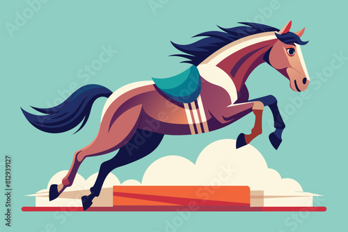 A horse races along the track with determination and speed, Horse jumping Customizable Disproportionate Illustration