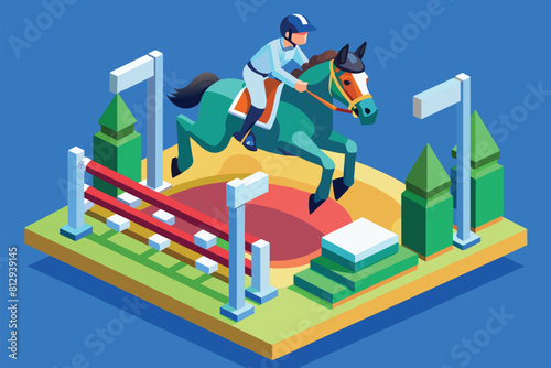 A man skillfully guides his horse over a challenging obstacle in a competitive event, Horse jumping Customizable Isometric Illustration