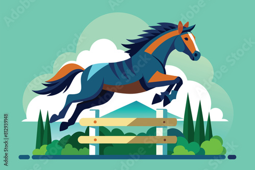 A horse leaps over a wooden fence in a dynamic display of athleticism, Horse jumping Customizable Semi Flat Illustration