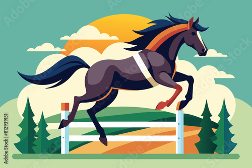 A horse leaps over a wooden fence in this dynamic illustration of equestrian athleticism, Horse jumping Customizable Semi Flat Illustration