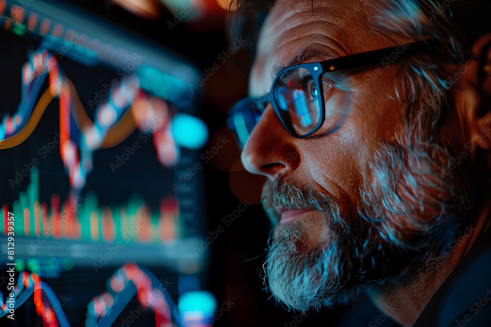 Caucasian male businessman looking at financial data on computer screen. Caucasian male businessman looking at financial data on computer screen.