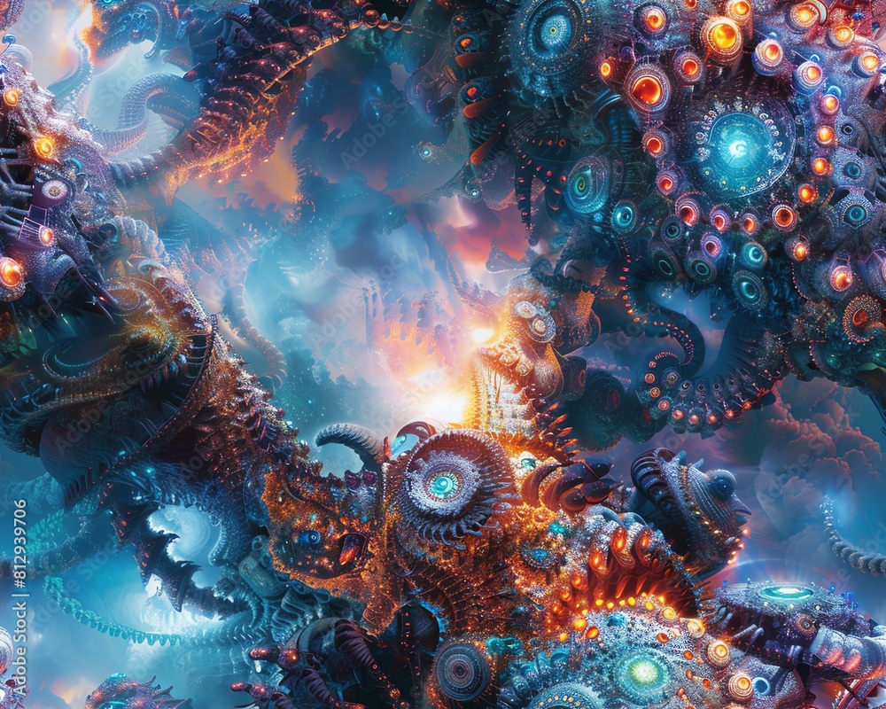 Explore the depths of creativity with a worms-eye view of biomechanical creatures depicted in a timeless impressionistic style Show dynamic contrasts between mechanical elements an