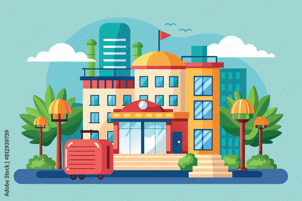 Front view of a hotel with various luggage bags lined up in front of the entrance, Hotel booking Customizable Semi Flat Illustration Front view of a hotel with various luggage bags lined up in front of the entrance, Hotel booking Customizable Semi Flat Illustration