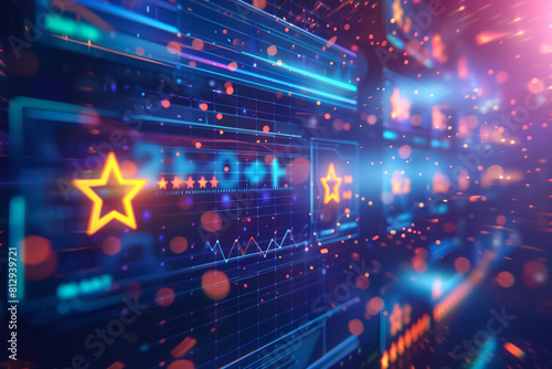 Powerful, a review dashboard, with glowing star ratings highlighting premium quality feedback