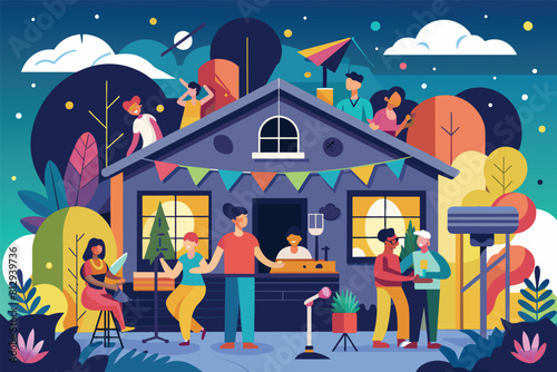 People gathered outside a house, socializing and chatting together, House party Customizable Disproportionate Illustration