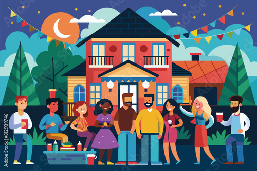 A diverse group of individuals gathered together in front of a residential house, House party Customizable Disproportionate Illustration