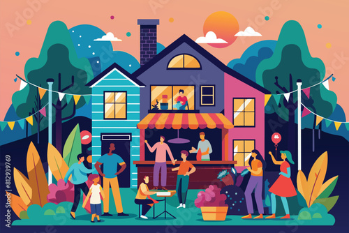 Diverse group of individuals standing together in front of a residential building, House party Customizable Flat Illustration