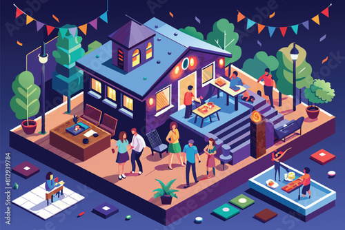 A diverse group of individuals standing together in front of a house, House party Customizable Isometric Illustration