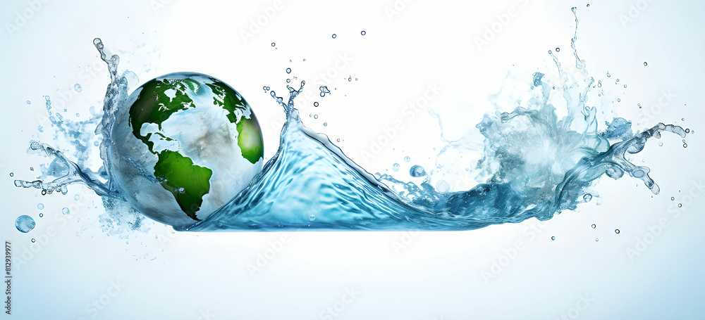 Planet earth splashing in water surface isolated on white back ground