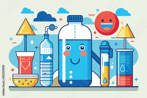 A blue water bottle is placed among various science equipment in a laboratory setting, Hydratation Customizable Disproportionate Illustration
