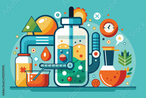 A bottle filled with liquid placed beside a clock, showcasing hydration and time management, Hydratation Customizable Disproportionate Illustration