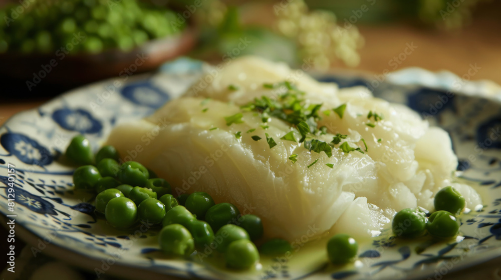 Freshly garnished cod fish fillet served with peas on a vintage plate close-up Freshly garnished cod fish fillet served with peas on a vintage plate close-up