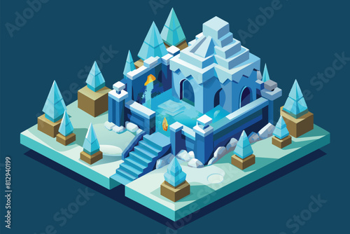 A blue castle stands with snow covering its roof under a wintry sky, Ice castle Customizable Isometric Illustration