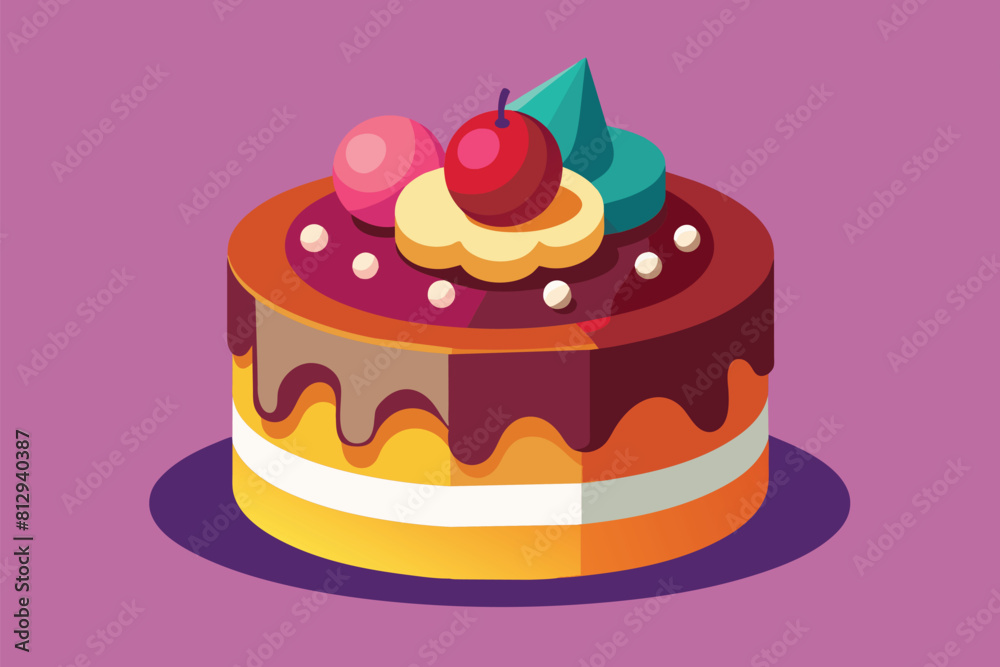 Vibrant ice cream cake with various toppings on a purple backdrop, Ice cream cake Customizable Semi Flat Illustration Vibrant ice cream cake with various toppings on a purple backdrop, Ice cream cake Customizable Semi Flat Illustration