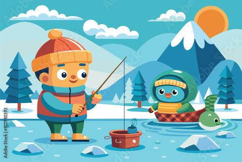 A cartoon character is fishing with a rod in a snowy landscape, Ice fishing Customizable Cartoon Illustration