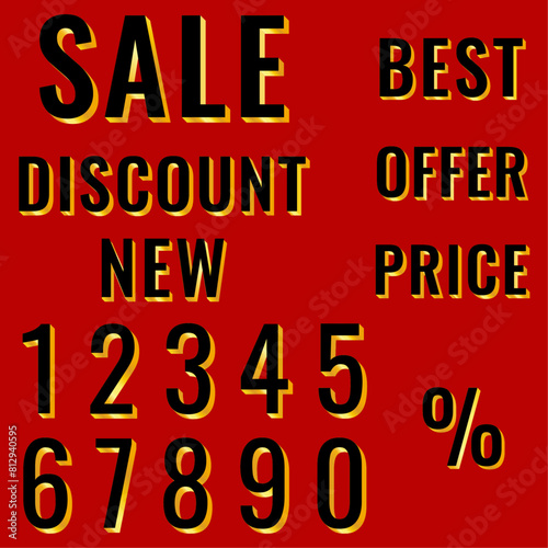 Set of 3D numbers and words in black and gold color for advertising banners, coupons, vouchers, labels, tags, vector.