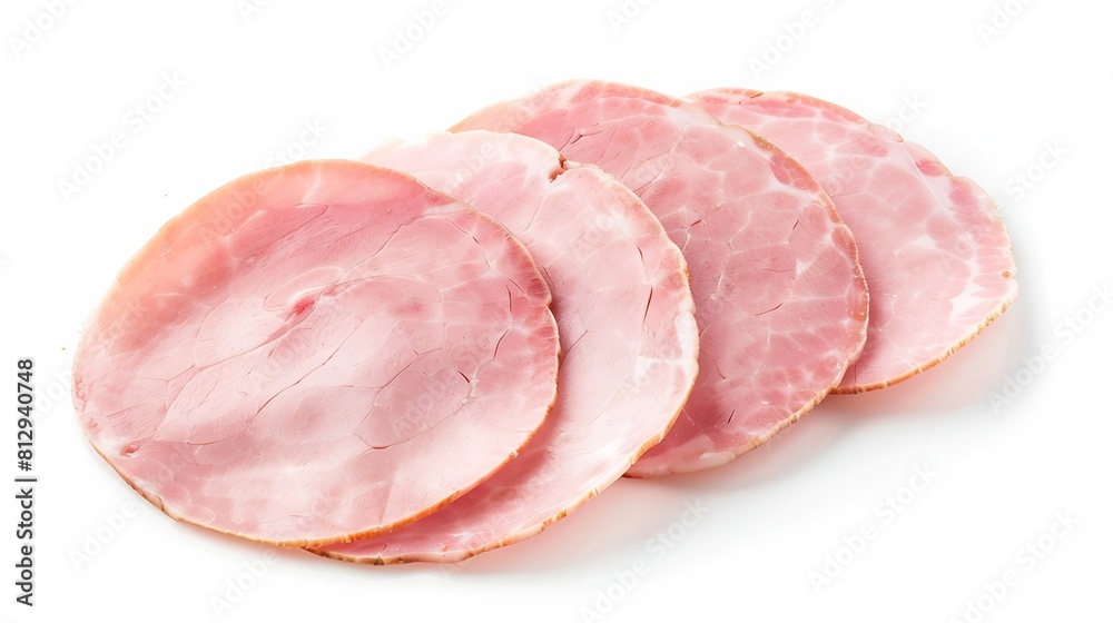 round pieces of ham isolated on white background three pieces of pork ham cut into slices laid out to create layout italian food with clipping path : Generative AI round pieces of ham isolated on white background three pieces of pork ham cut into slices laid out to create layout italian food with clipping path : Generative AI