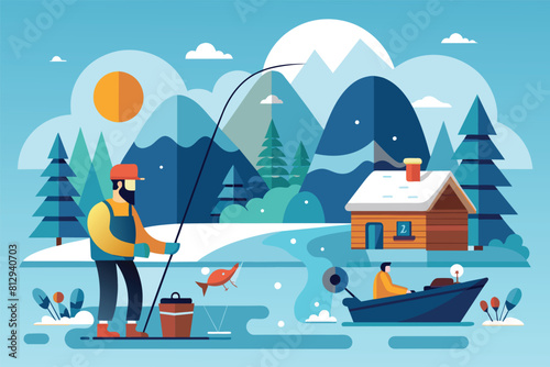 A man fishes on a lake with a cabin in the background, Ice fishing Customizable Semi Flat Illustration